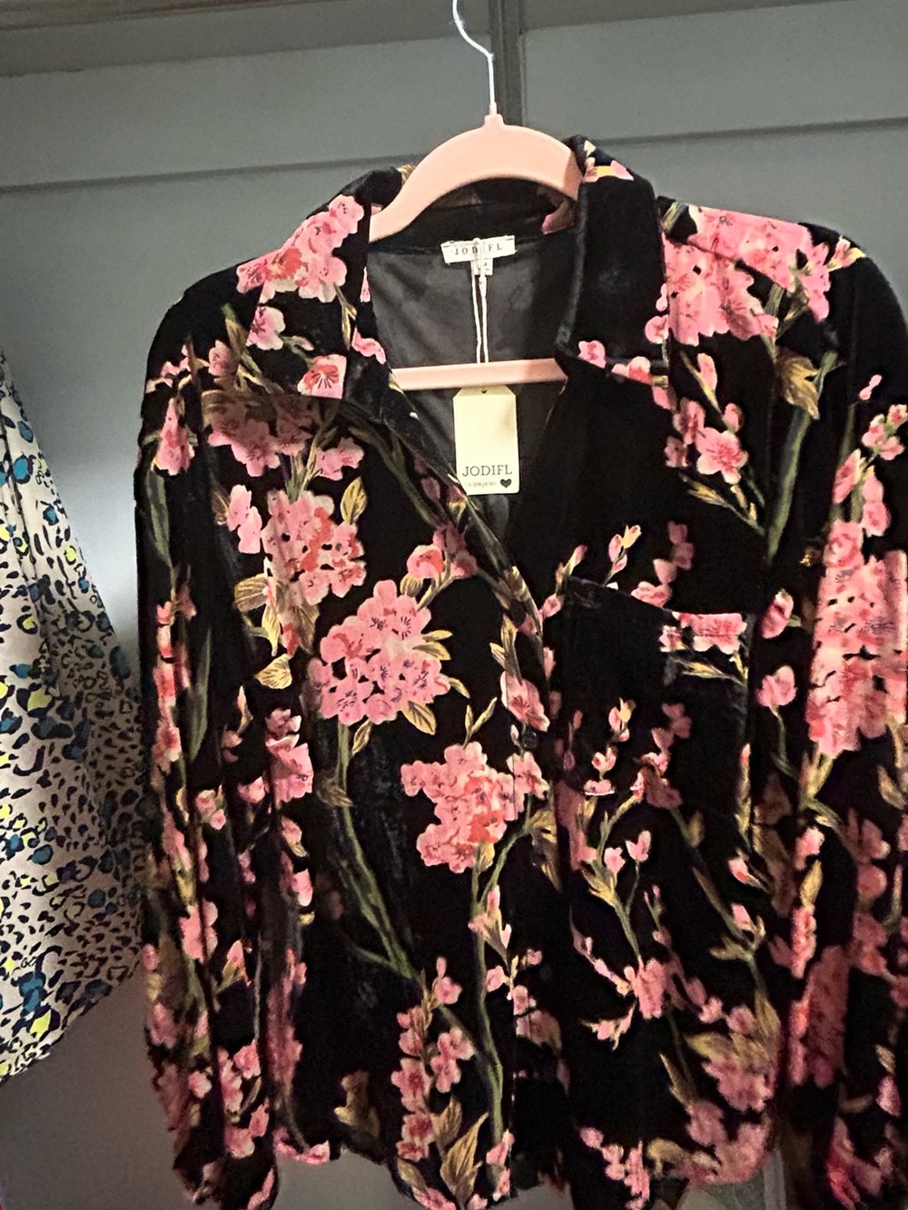 JODIFL Black Velvet Button-Down Top with Pink Floral Print